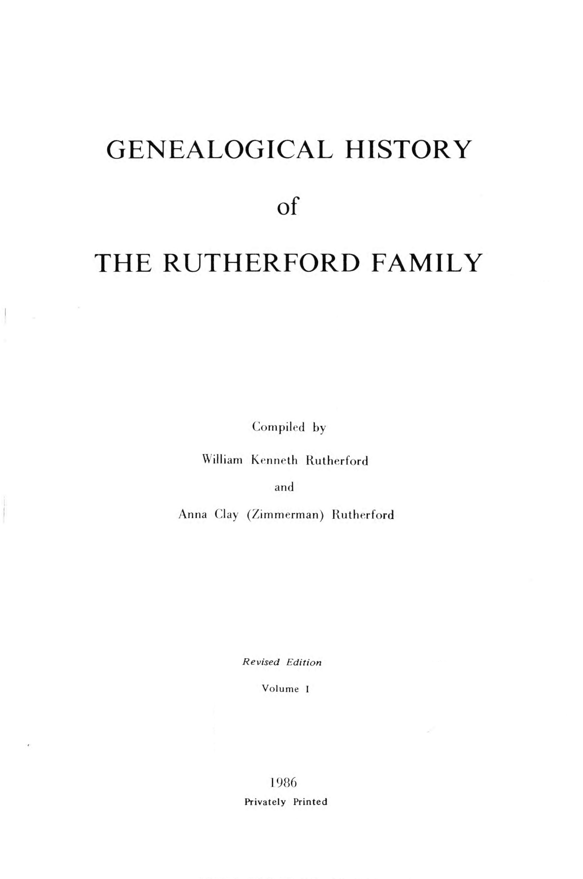 Cover of William Kenneth Rutherford, Genealogical History of the Rutherford Family, 1986 edition.