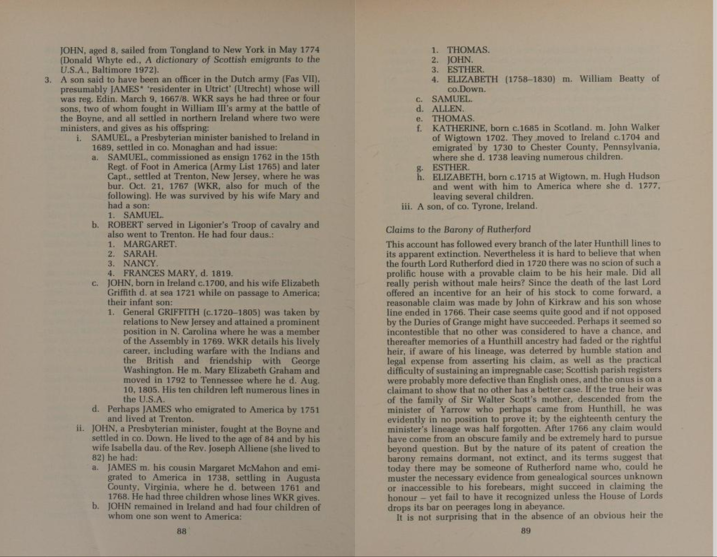 Pages 88 and 89 of Kenneth Rutherford Davis, The Rutherfords in Britain: A History and Guide, 1987 edition, showing James Rutherford and his descendants.
