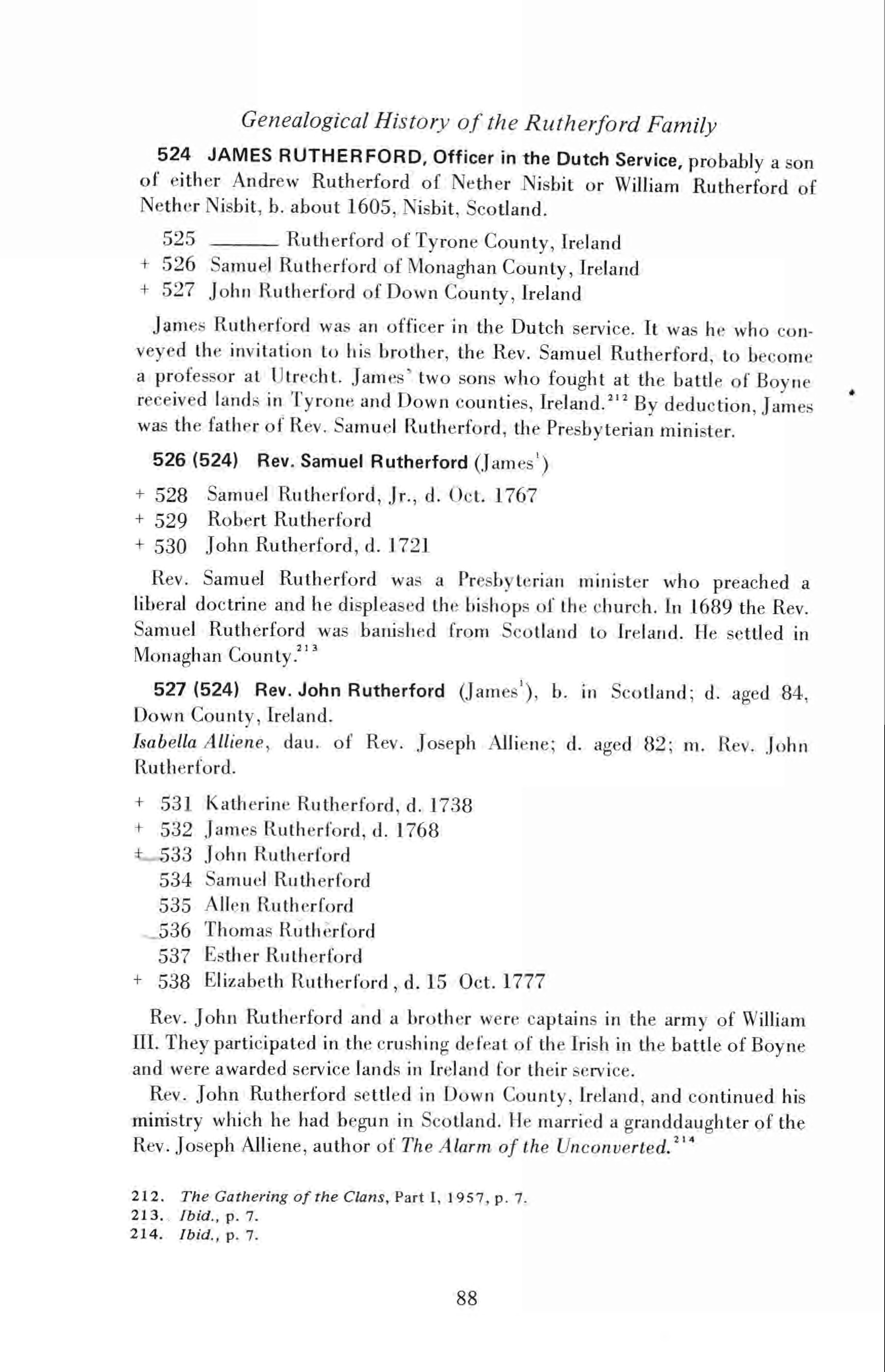 Page 88 of William Kenneth Rutherford, Genealogical History of the Rutherford Family, 1986 edition, showing generations of James Rutherford.