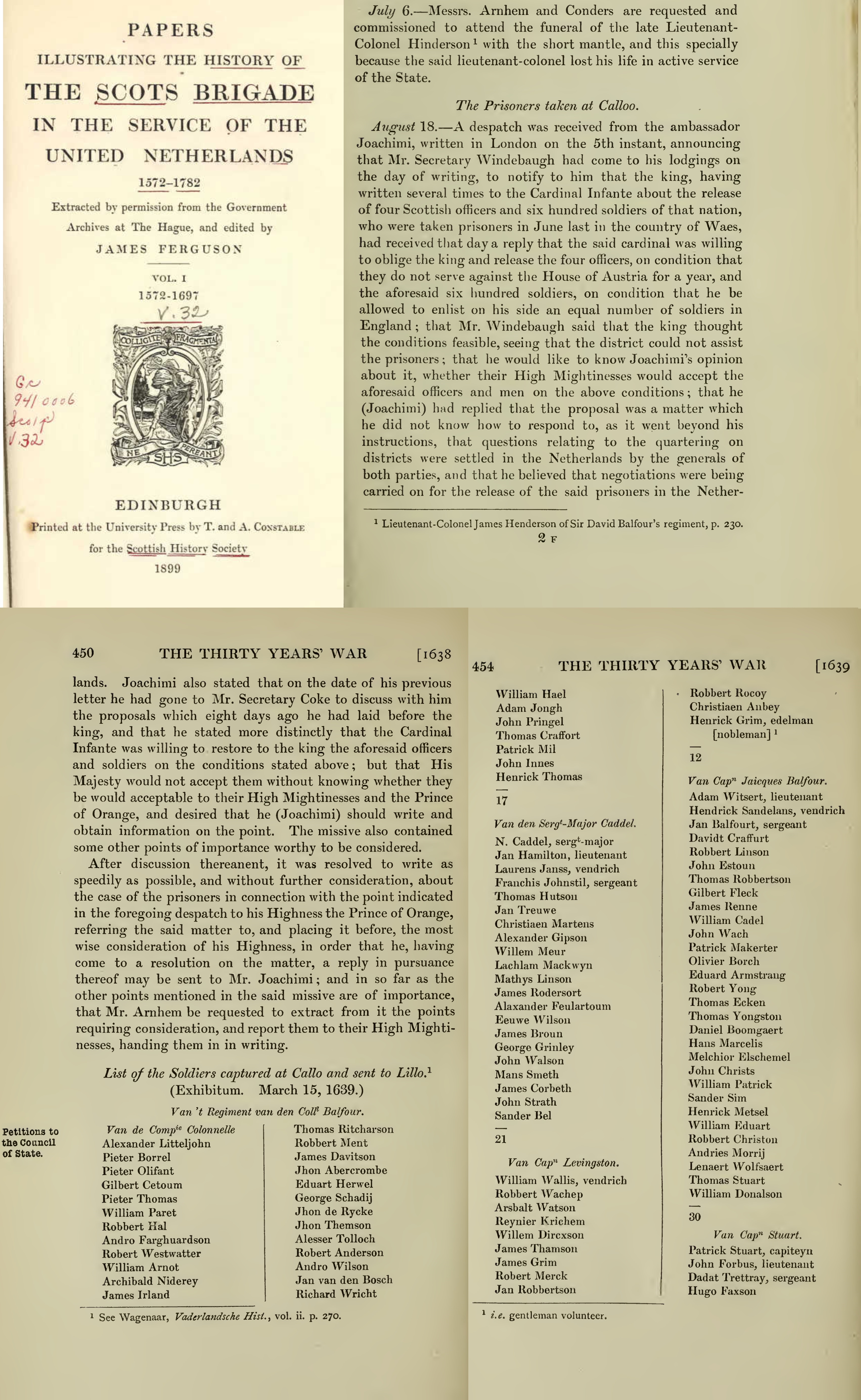 Collation of pages from Netherlands Scottish History listing James Rutherford as a prisoner at Lillo